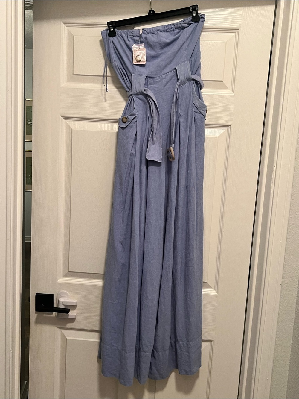 Strapless Wide-Leg Jumpsuit in Dusty Blue